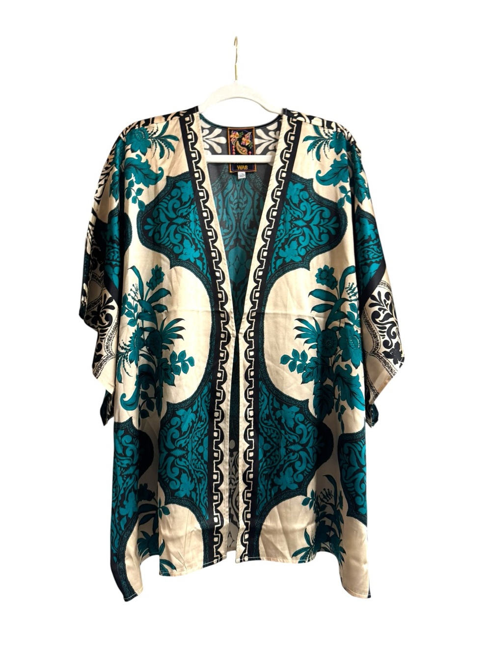 Johnny Was Emerald Green Black and Cream Floral Silk Kimono Top - Picture 2 of 7